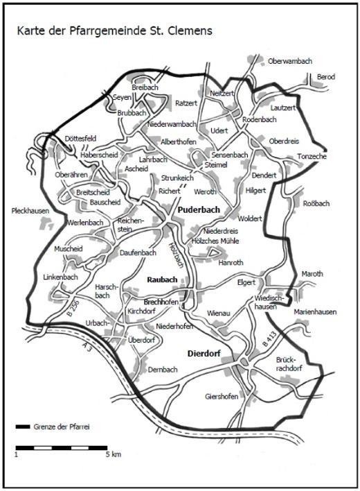 Karte mit dem Einzugsgebiet der Pfarrgemeinde St. Clemens